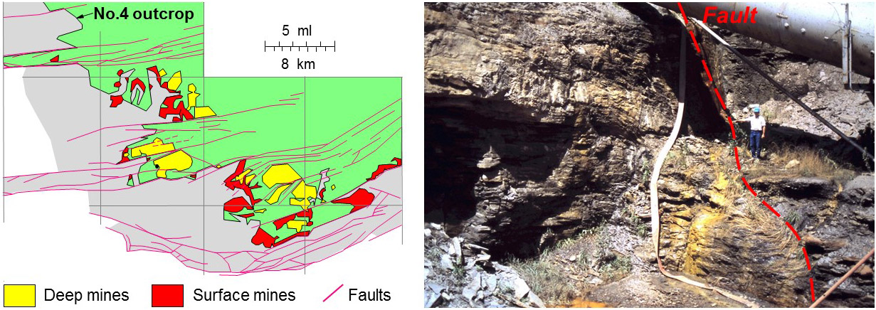 Many surface and deep mines (A) in the Western Kentucky No. 4 seam are bordered by tectonic faults. (B) Fault trace near a mine mouth in the Western Kentucky No 4 coal.
